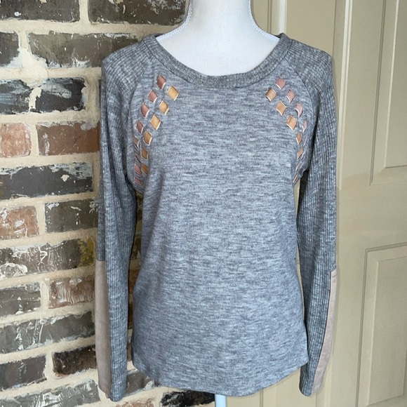THML Gray Velour Ribbon Laced and Patched Long Sleeve Sweater Size Small - Picture 9 of 9